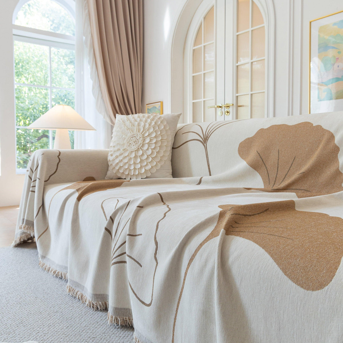 Cozy Couch Throw Blanket with Tassels, Jacquard Leaf Pattern Furniture Protector