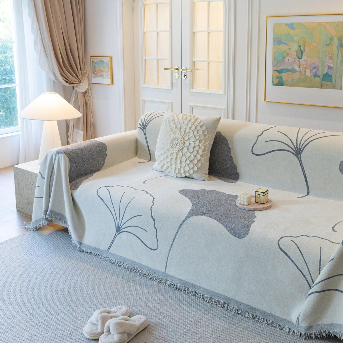 Cozy Couch Throw Blanket with Tassels, Jacquard Leaf Pattern Furniture Protector