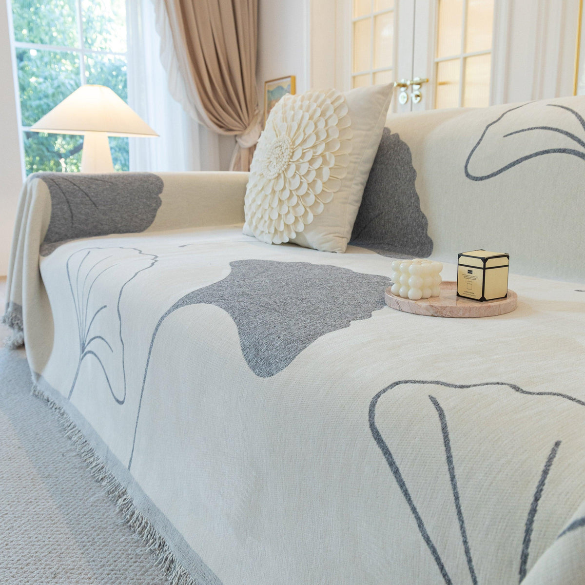 Cozy Couch Throw Blanket with Tassels, Jacquard Leaf Pattern Furniture Protector