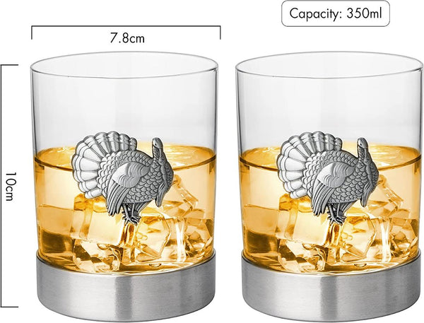 The Wine Savant Turkey Whiskey Glasses Set of 2, Old Fashioned Whiskey, Rum, Brandy, Scotch Glasses, Elegant Badge, Thanksgiving 11 OZ, Gifts for Men, Women, Pheasant Quail Hunting Gifts Glass