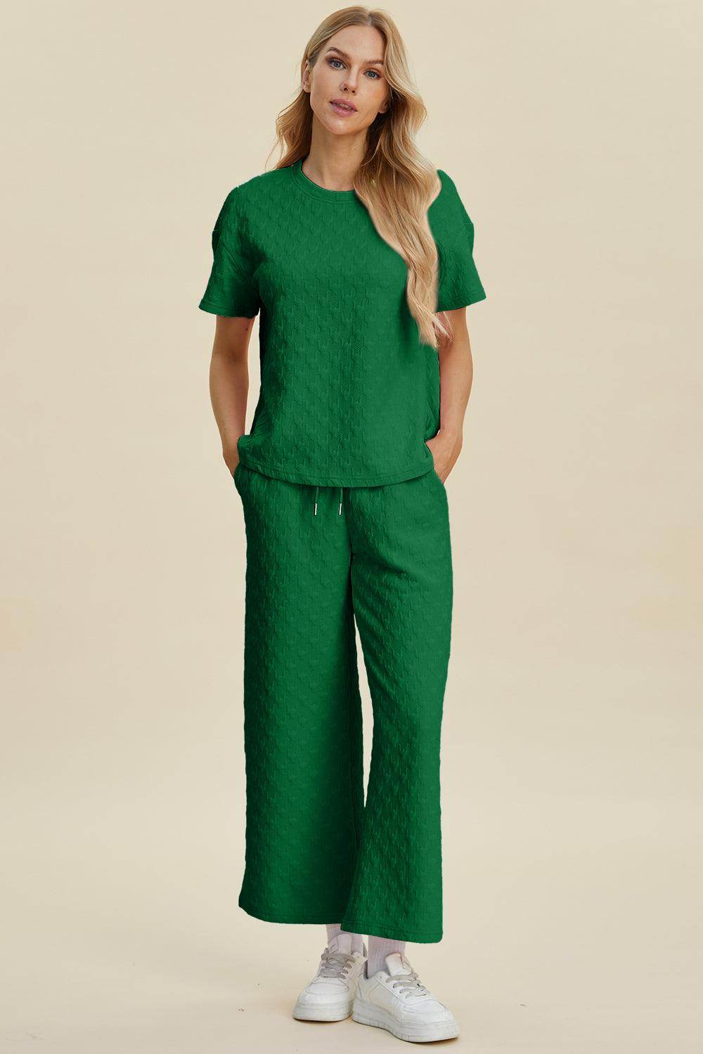Double Take Full Size Texture Round Neck Top and Pants Set