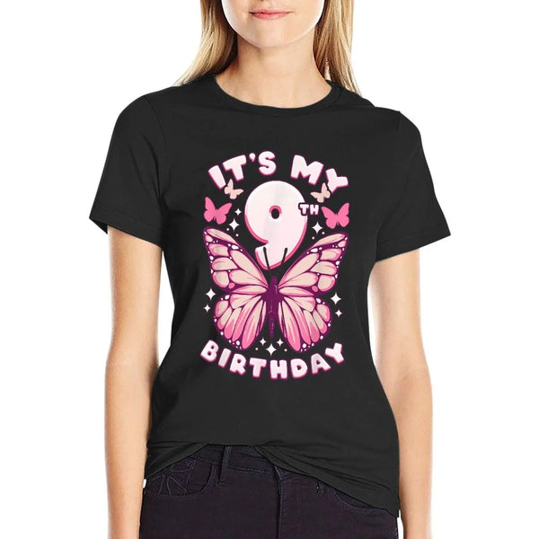 9th Birthday, Girl 9 Years, Butterflies And Number 9 T-Shirt