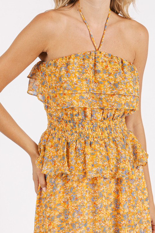 Ruffled Smocked Floral Halter Neck Maxi Dress – Elegant and Feminine Floral Maxi Dress with Smocked Waist and Ruffled Detailing