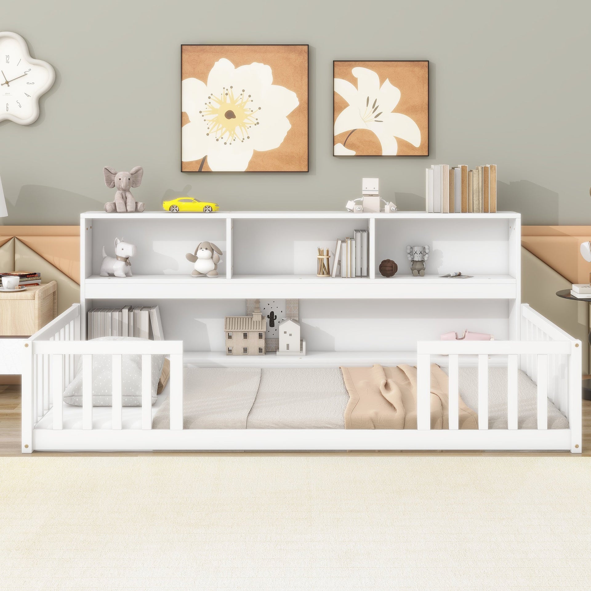 Twin Floor Bed with Bedside Bookcase, Shelves, Guardrails