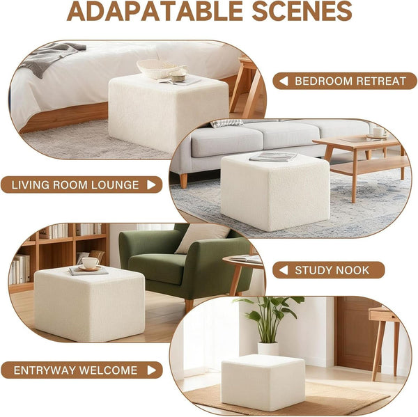 Cream Square Luxurious Upholstered Foam Pouf Ottoman