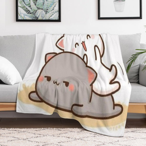 Peach Sitting on Goma - Mochi Peach Cat Machine-washable Throw Blanket