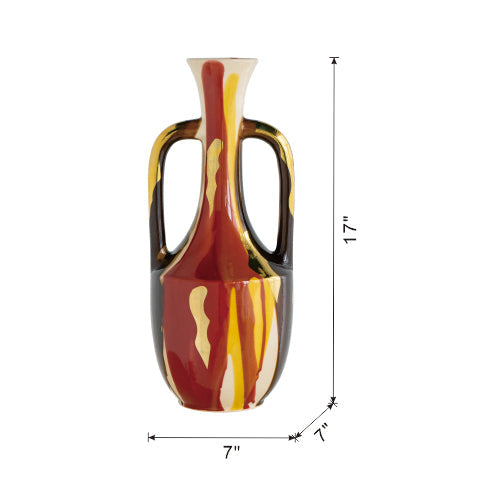 6.8x6.8x16.9' Curved Ceramic Vase with Handles and Abstract Multicolored Finish