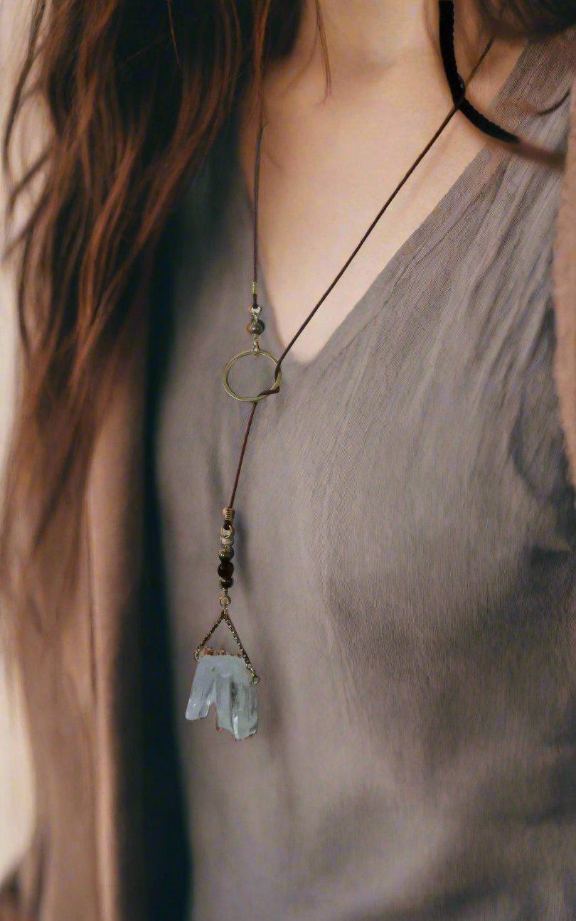 Leather Brass Quartz Lariat Necklace Clarity Seeker | By Blackbird & Sage