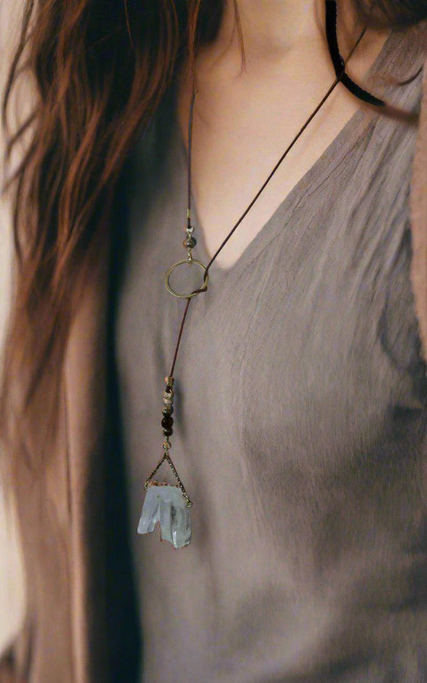 Leather Brass Quartz Lariat Necklace Clarity Seeker | By Blackbird & Sage