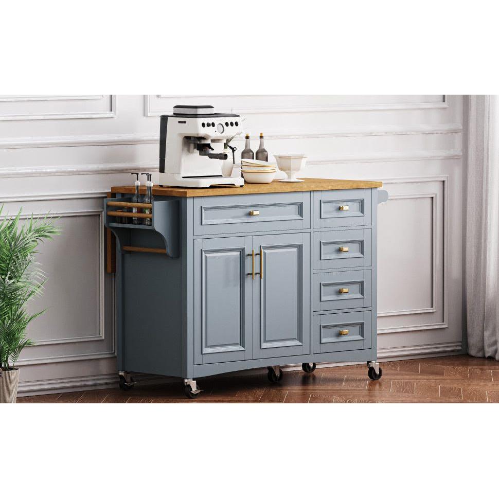 K&K 52'' Kitchen Island with Drop Leaf, Embossed Texture Kitchen Island on Wheels with Spice Rack, Towel Rack, 2 Doors and 5 Drawers, Kitchen Storage Cart with Adjustable Shelf for Kitchen, Blue Grey