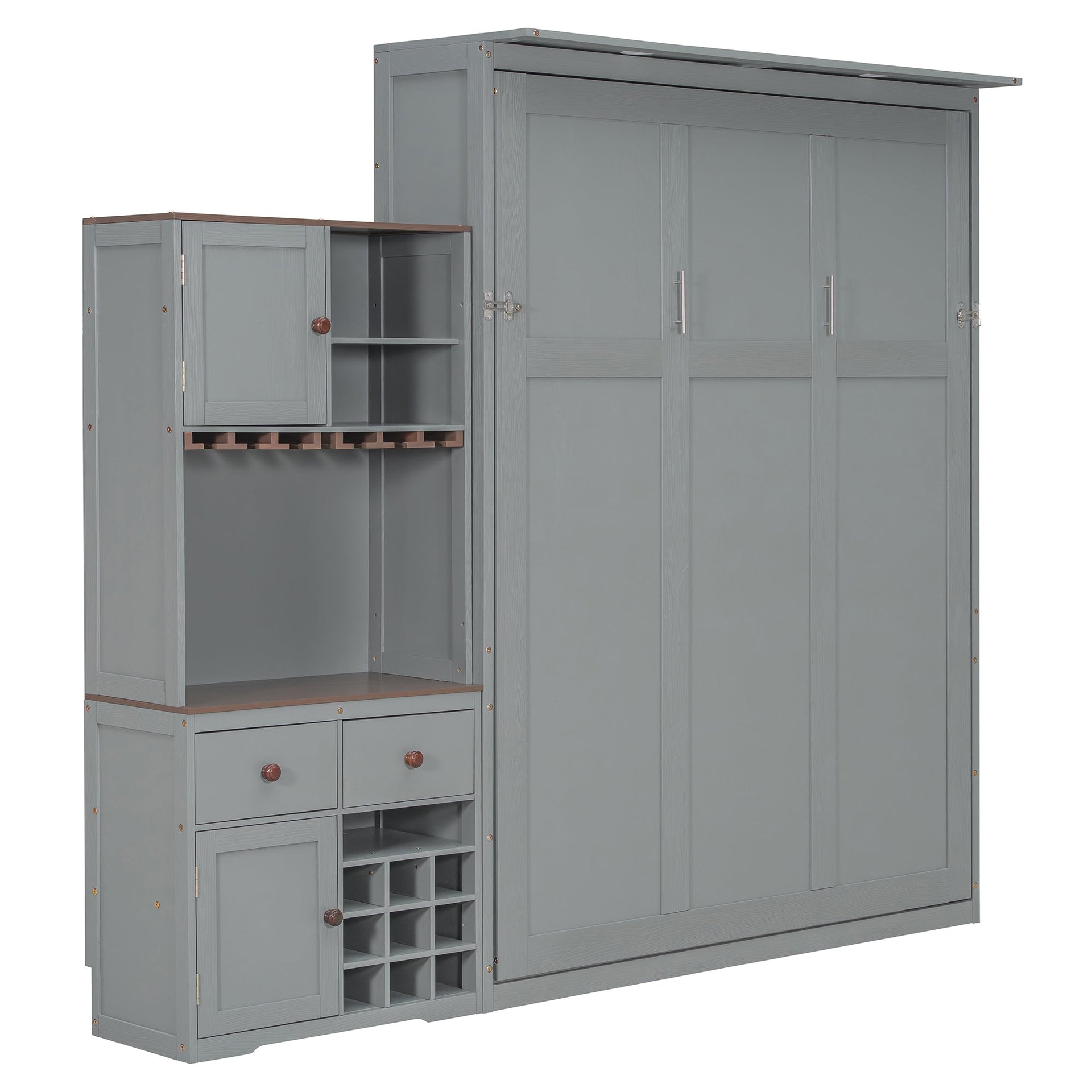 Murphy Bed with Storage Cabinet, Wine Rack, Glass Holder, Drawers & Multi-Color LED Strip