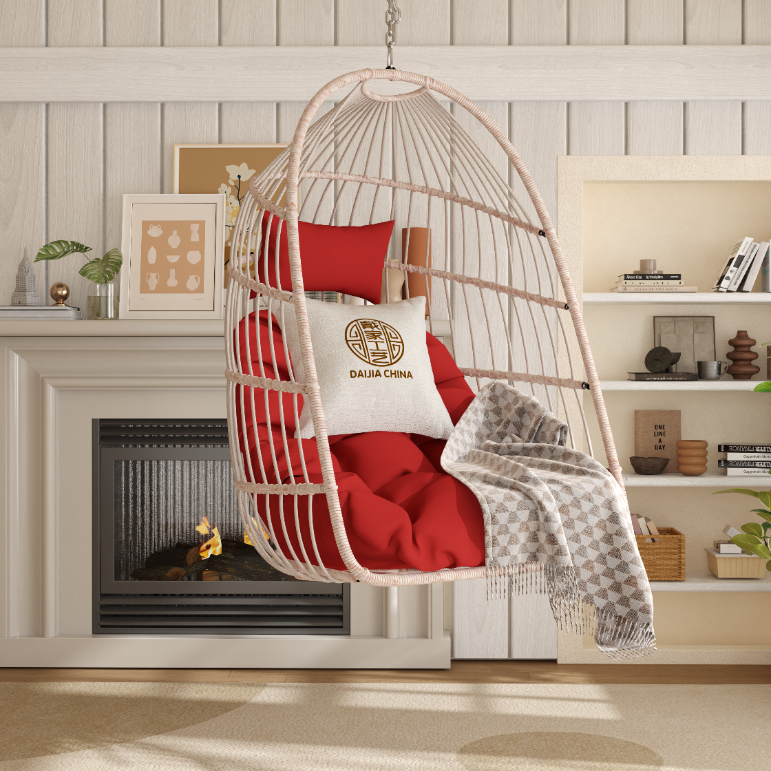 Hanging chair with red cushions and a white pillow in a cozy living room.
