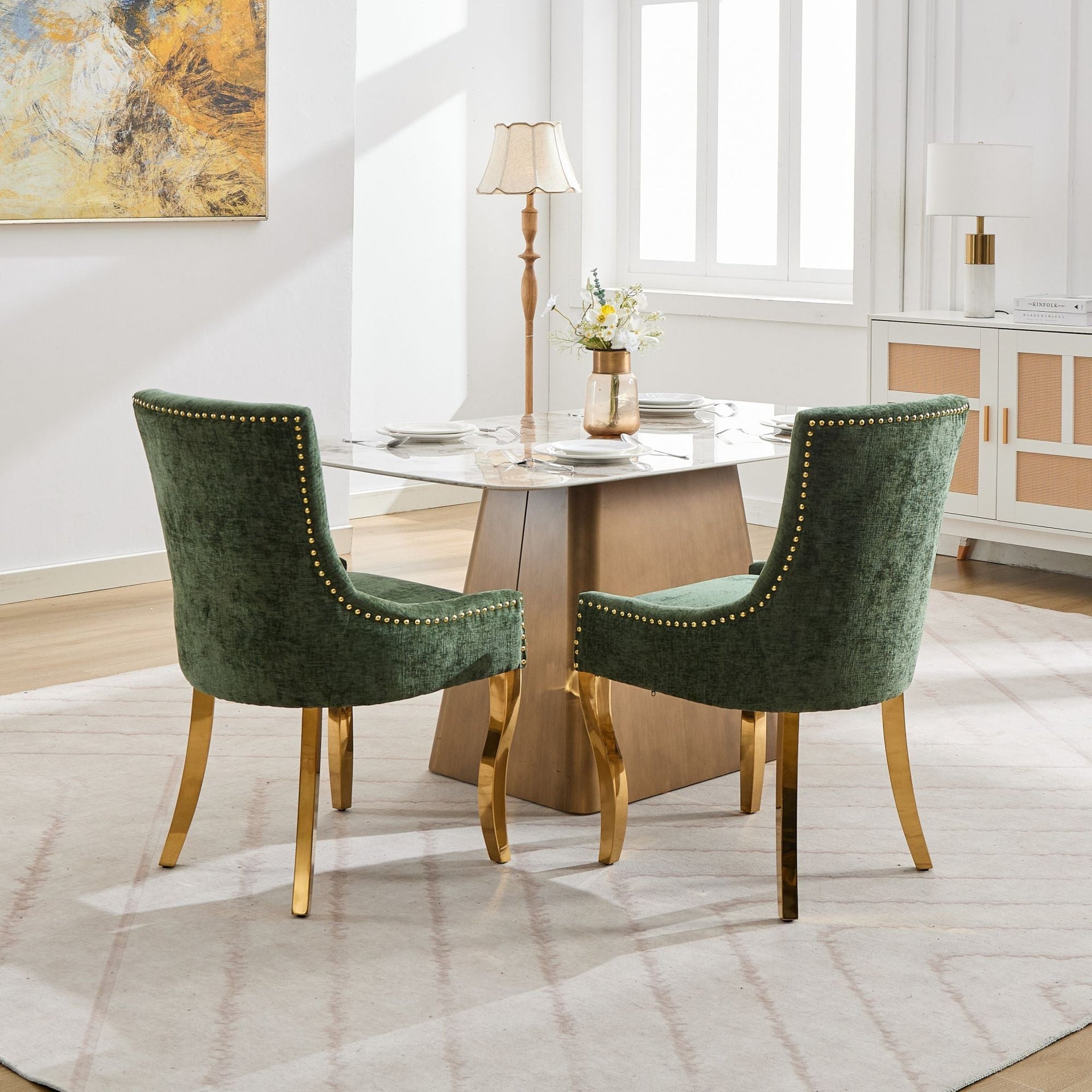 Chenille Dining Chairs Modern Style with Curved Gold-Plated Legs & Rivet Trim