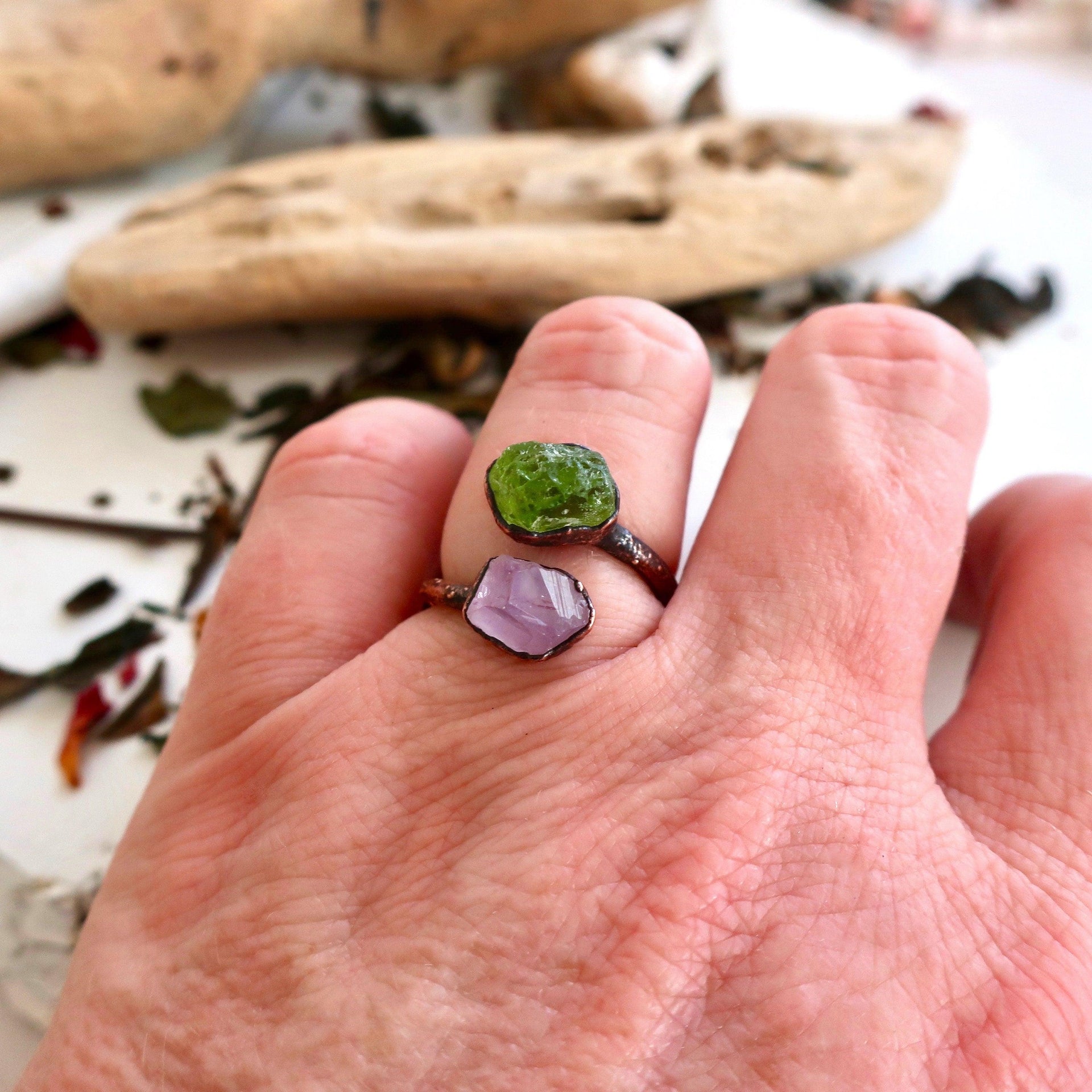 Copper Peridot Amethyst Twist Ring – Renewed Spirit | By Blackbird & Sage