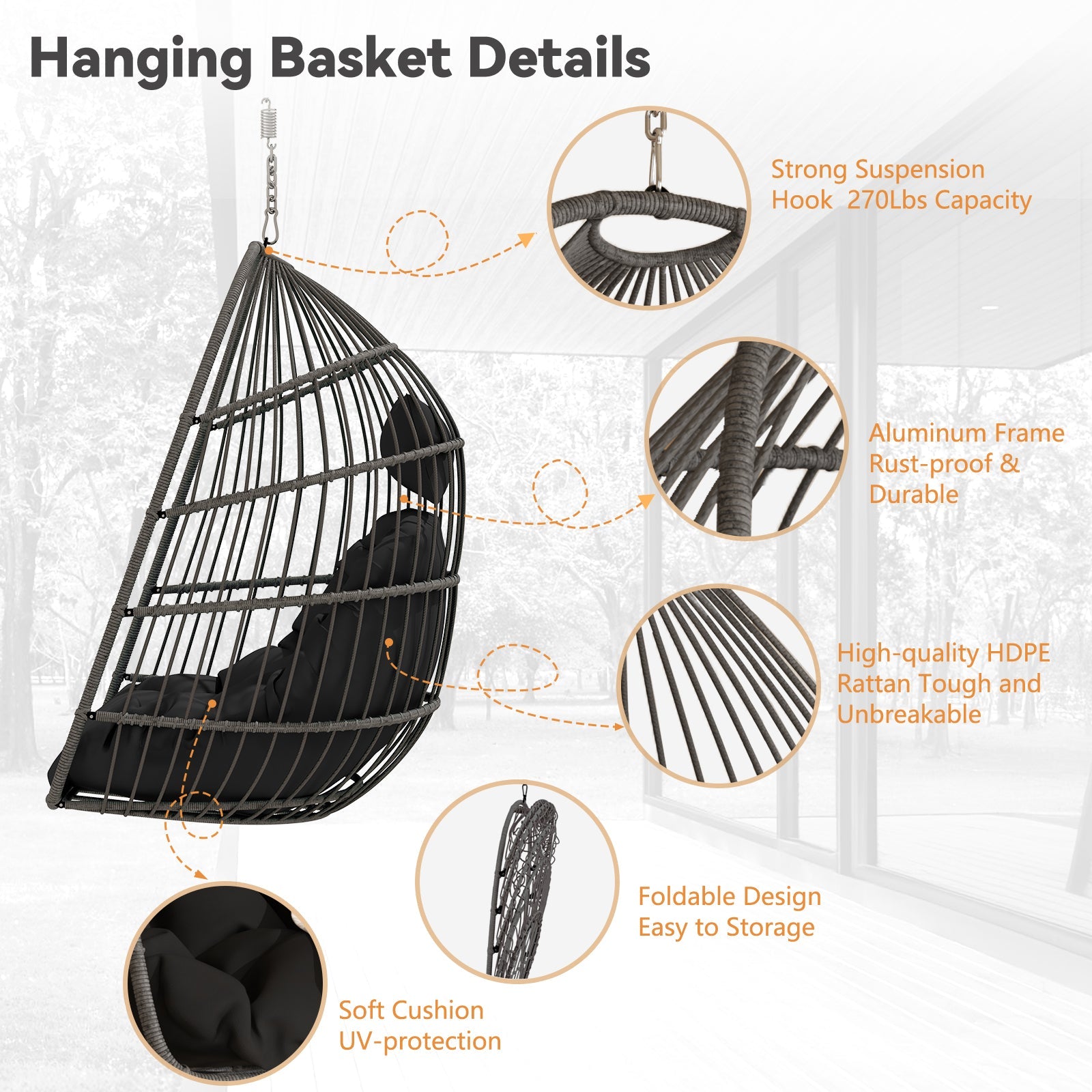 Outdoor Garden Rattan Egg Swing Hanging Chair PE Wicker Hanging Chair for Outdoor Patio
