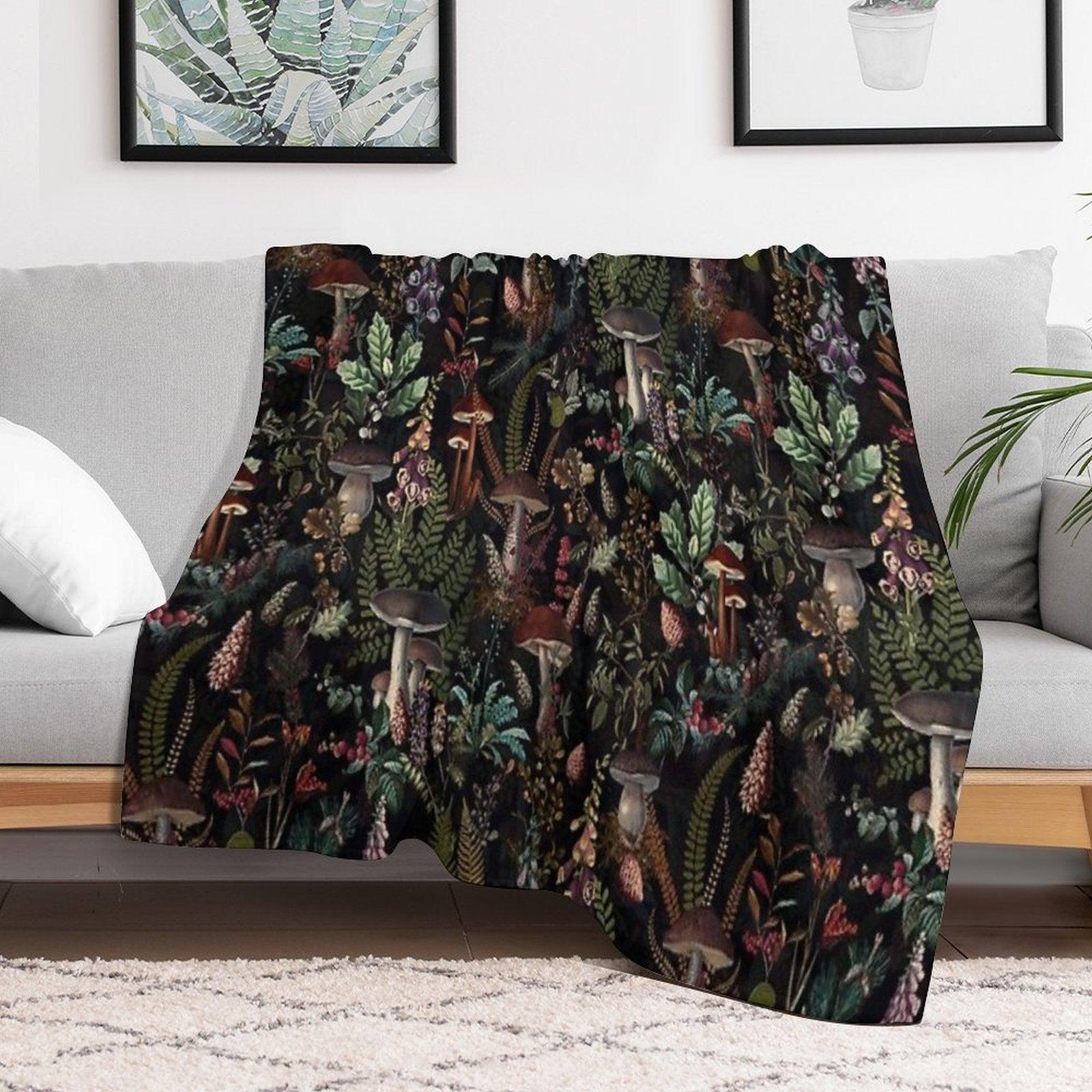 Vintage Mysterious Mushrooms Forest Botanical Botanical Night Garden Pattern NightGarden Throw Blanket
