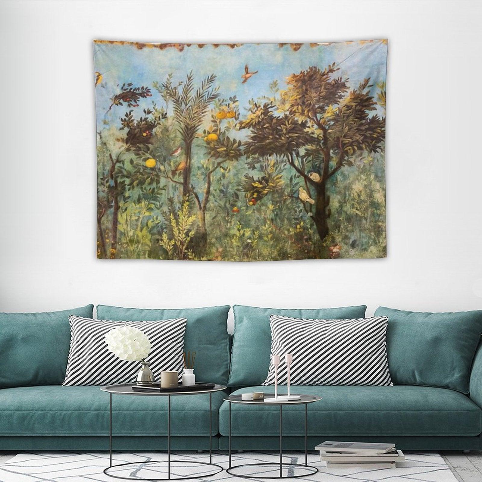 ANTIQUE ROMAN WALL PAINTING Flower Garden Flying Birds ,Quince And Apple Trees Tapestry