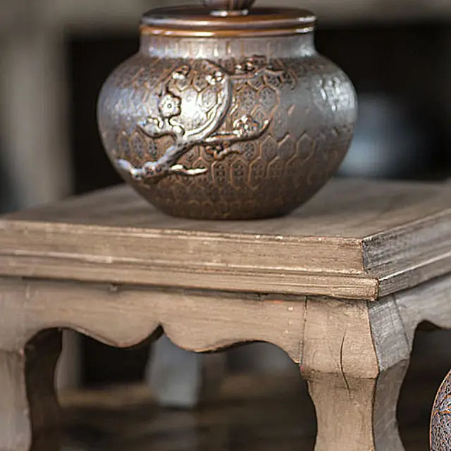 Dark Brown Ceramic Storage Canister with Plum Tree Motif