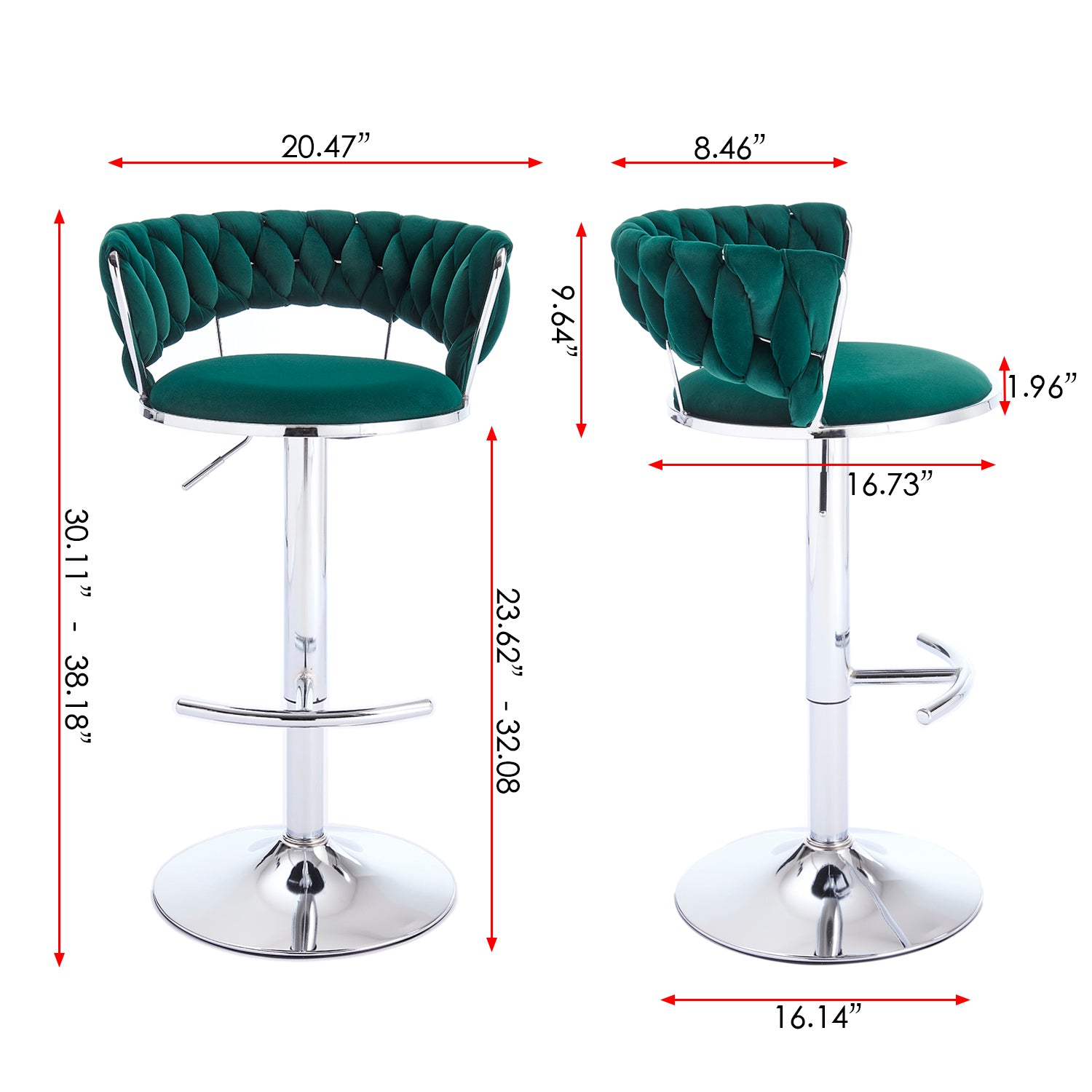 Set of 2 Bar Stools with Chrome Footrest & Base Swivel Height Adjustable Velvet