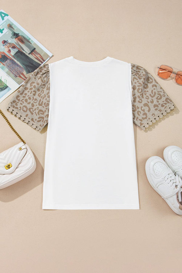 Leona Leopard Lace Trim Puff Sleeve Top