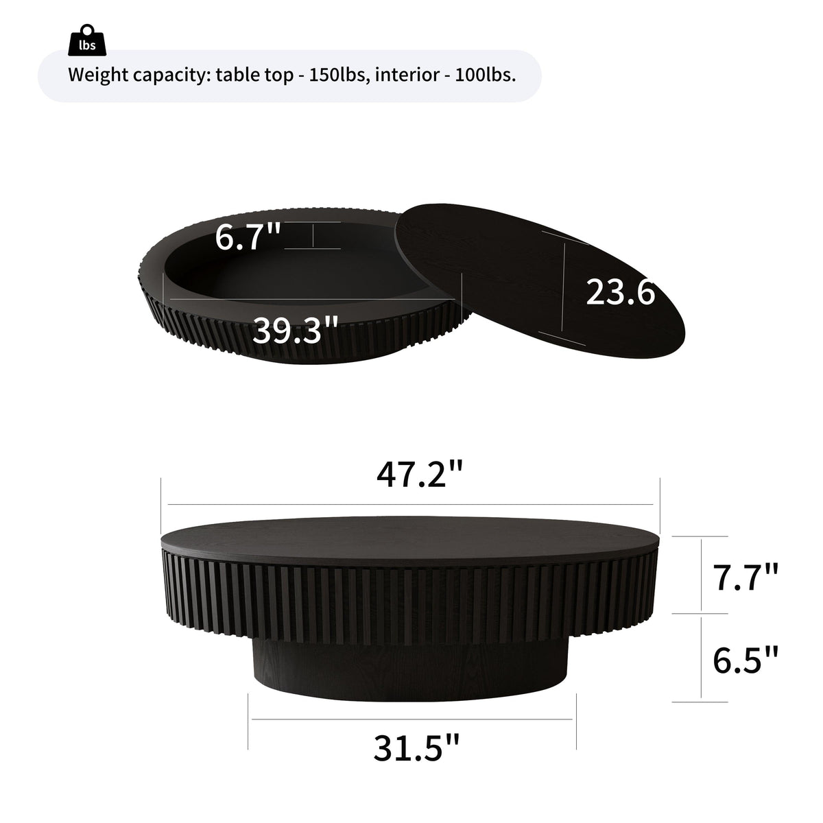 Modern Black Oval Coffee Table with Hidden Storage