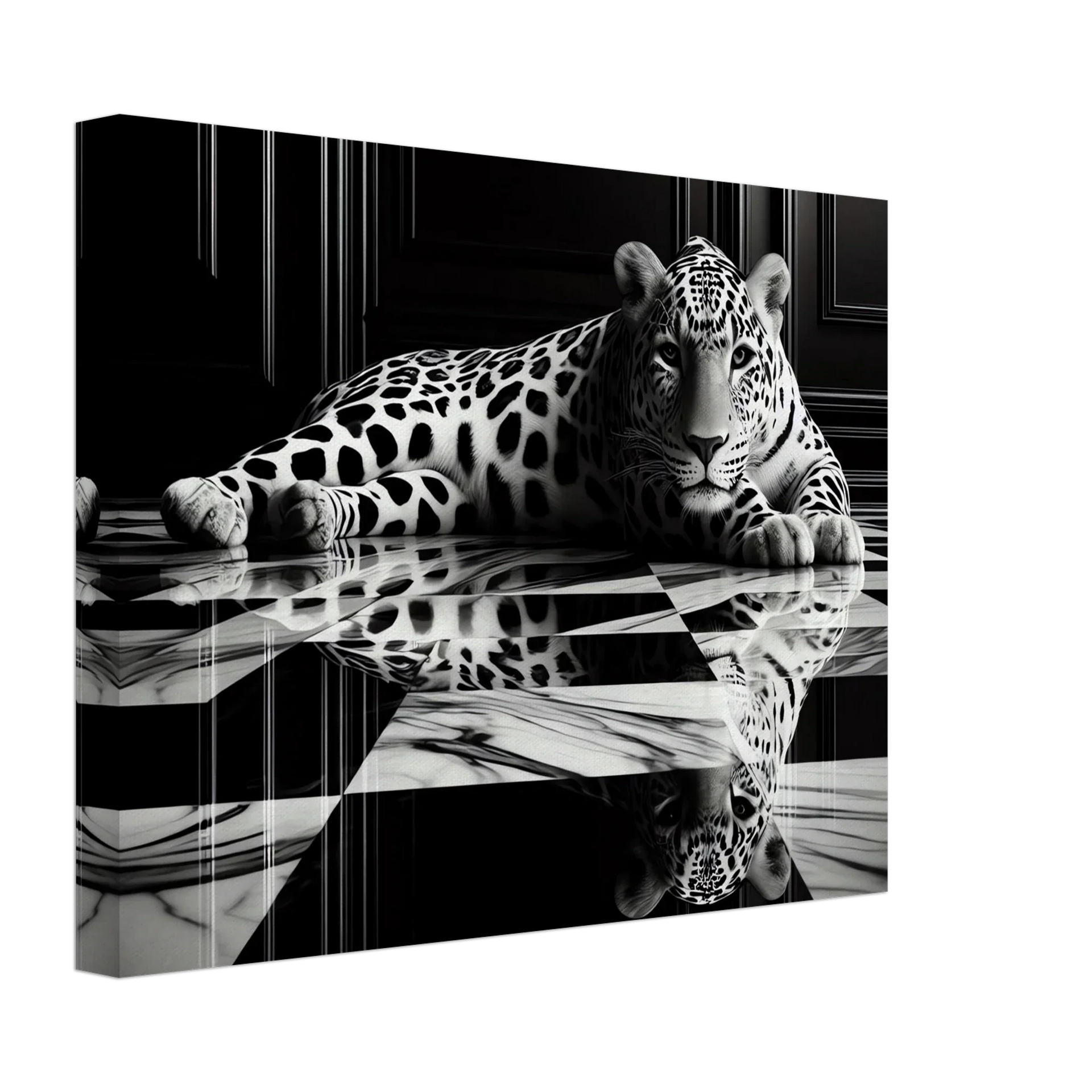 Leopard Canvas Art Print – Striking Design on Black & White Checkered Marble Floor