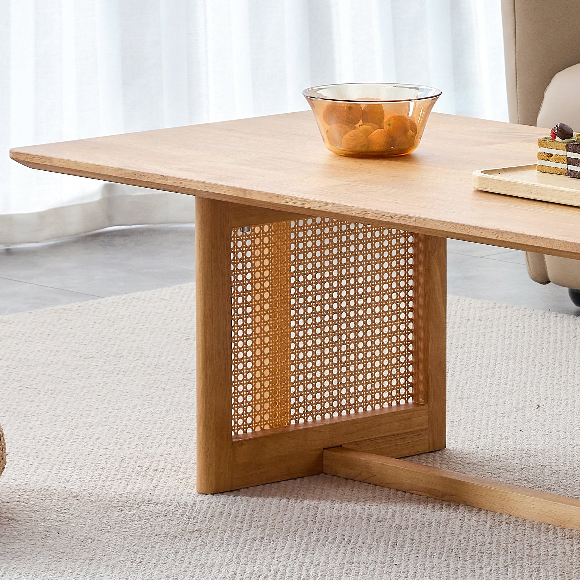 Natural Rubberwood and Solid Wood Coffee Table with Rattan Weave, Modern Minimalist