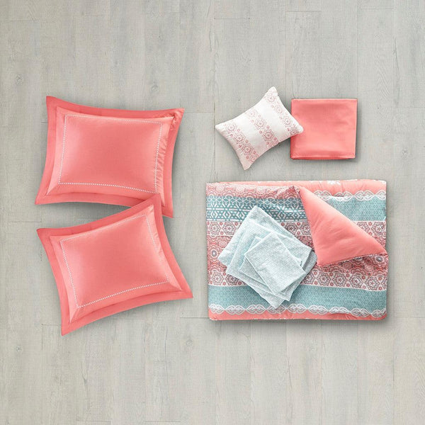 Loretta Boho Comforter Set with Bed Sheets in Coral by Intelligent Design