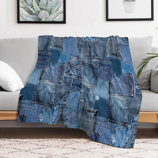 Photograph of Blue Denim Jeans Pocket Patchwork ONLY - Not Real Plush Throw Blanket