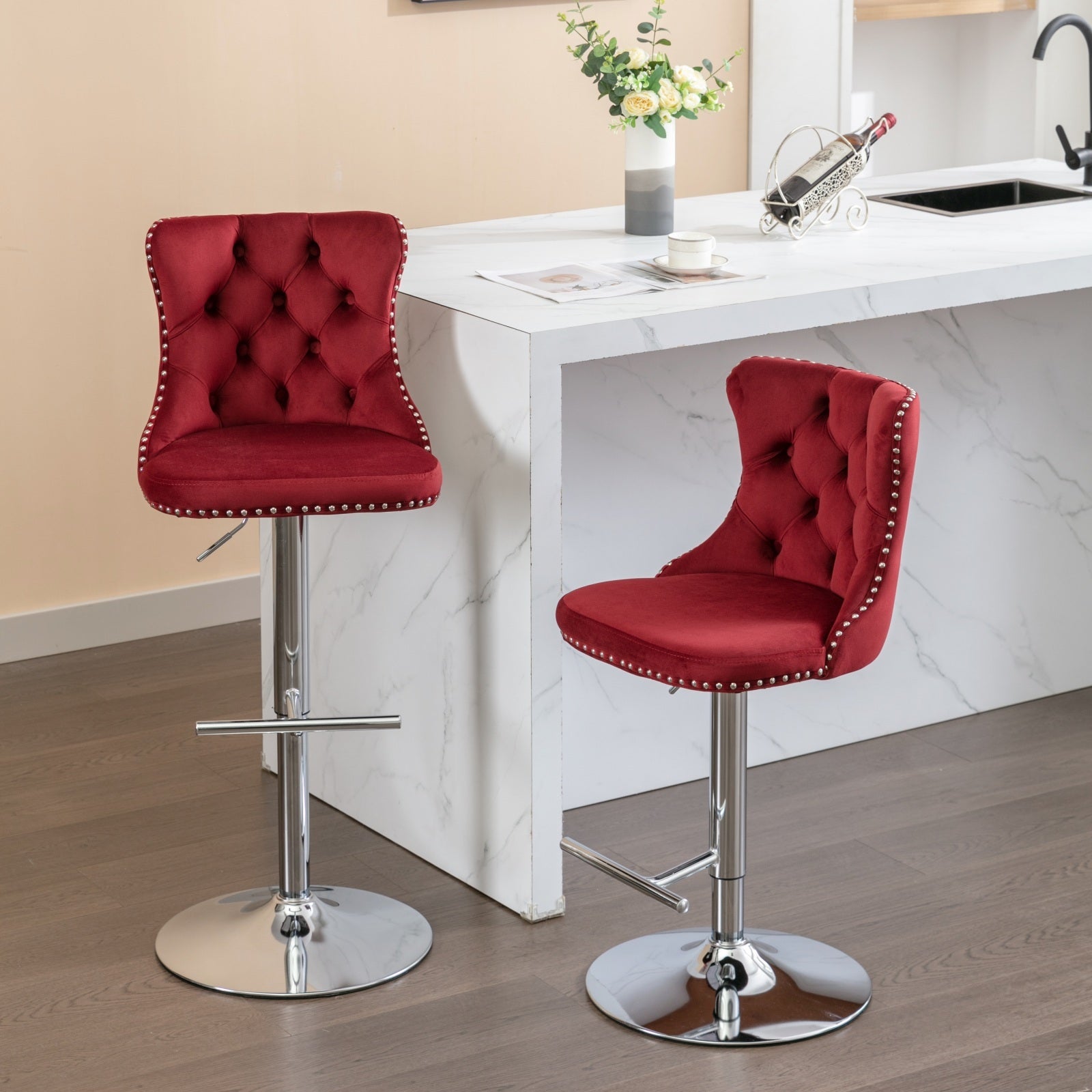 Modern Velvet Swivel Barstools with Adjustable Seat Height and Chrome Base