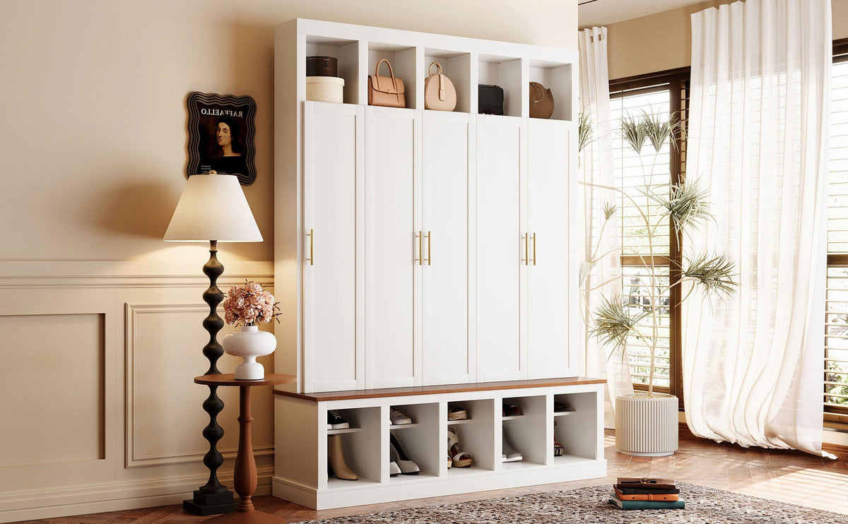 U-Can Farmhouse Entryway Storage Cabinet with Shoe Rack & Display Cubbies