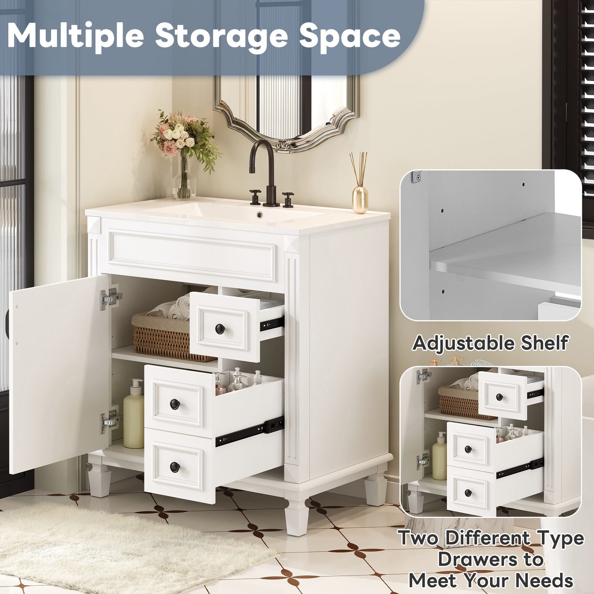 Bathroom Vanity with Ceramic Sink, Modern Cabinet with 2 Drawers & Shelf