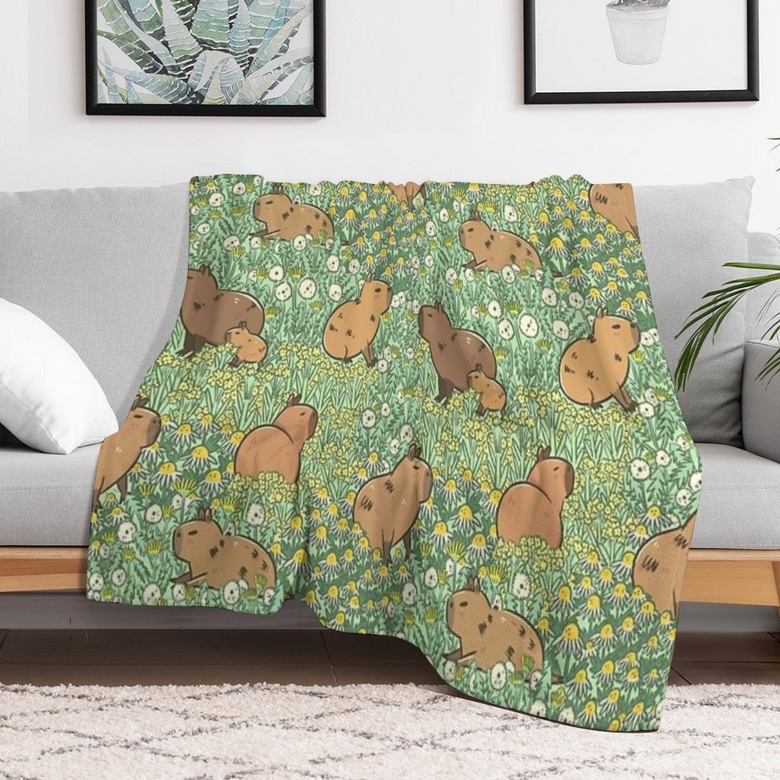 Capybaras Meadow in Green And Yellow Eco-conscious Throw Blanket