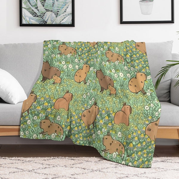 Capybaras Meadow in Green And Yellow Eco-conscious Throw Blanket