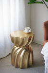 14x14x18.7' Gold Magnesium Accent Stool with Sculptural Swirl Design, Contemporary Side Table, Decorative Display Stand, or Extra Seating Option
