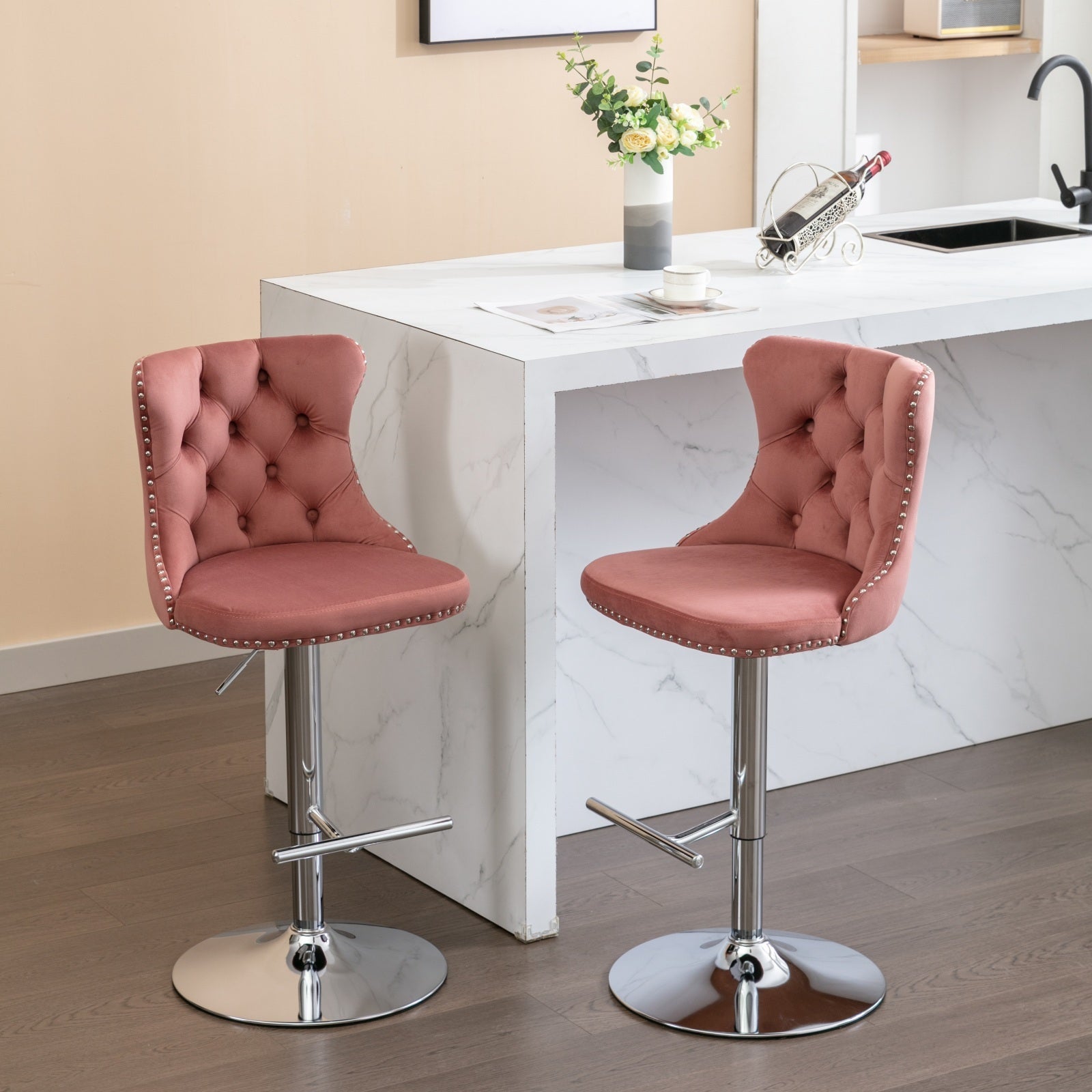 Modern Velvet Swivel Barstools with Adjustable Seat Height and Chrome Base