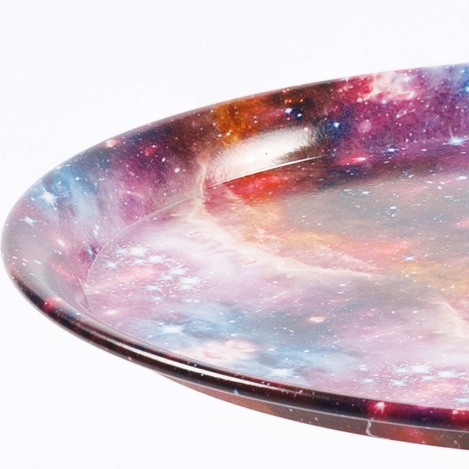 Detailed edge view of galaxy-printed tabletop on Mermaid Tail End Coffee Table Round Side, highlighting its glossy finish and color depth.