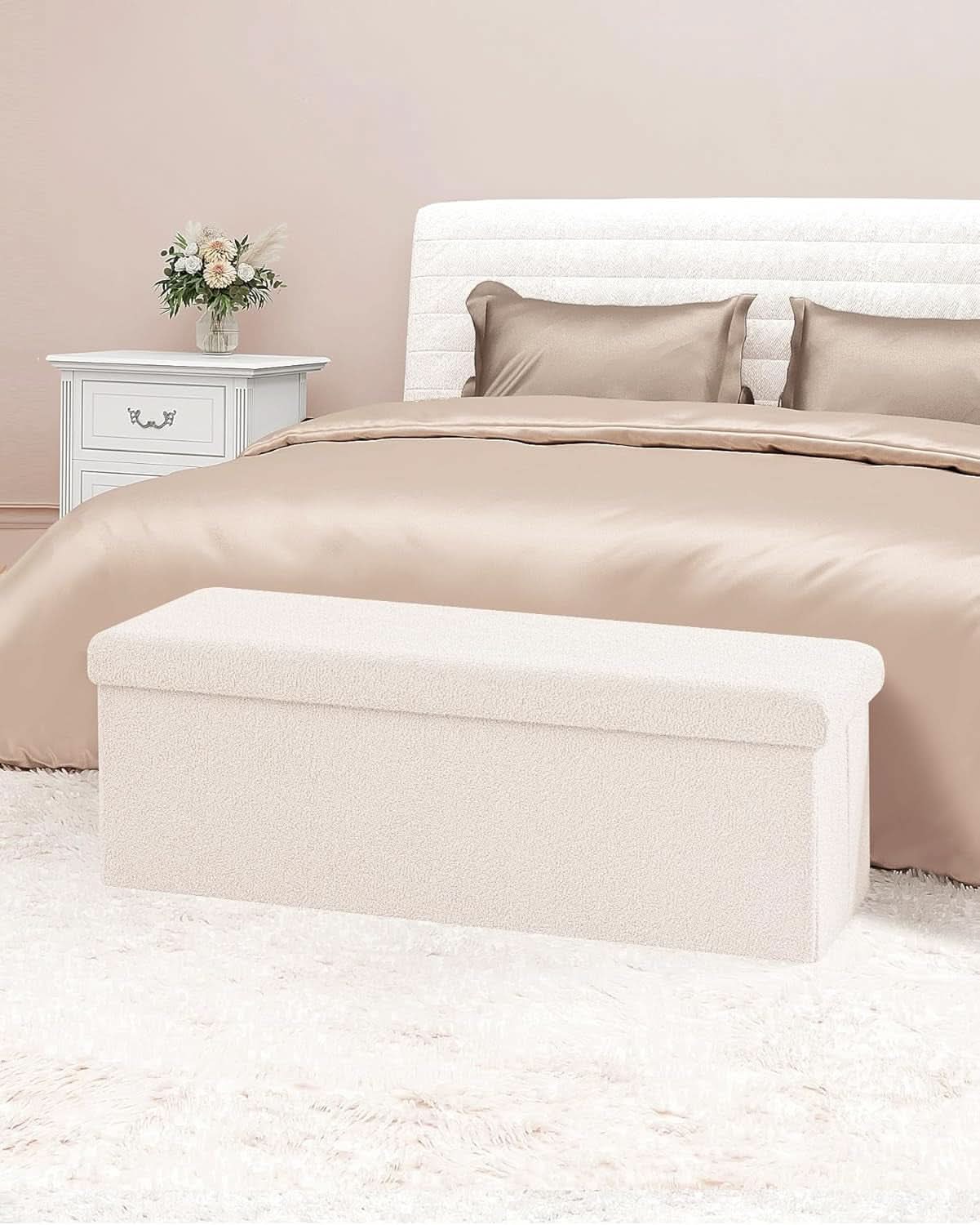 Cream White Faux Fur Storage Ottoman 43.3 Inch Dimensions