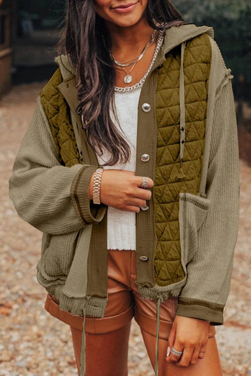 Drawstring Color Block Long Sleeve Jacket for Women Fashion