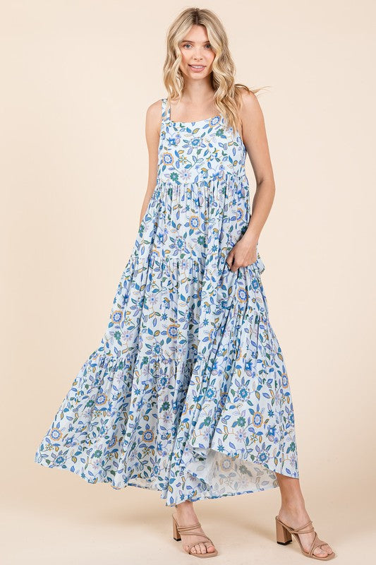 New Flower Print Tiered Sleeveless Empire Maxi Dress – Elegant, Playful and Feminine Floral Maxi Dress with Whimsical Layers