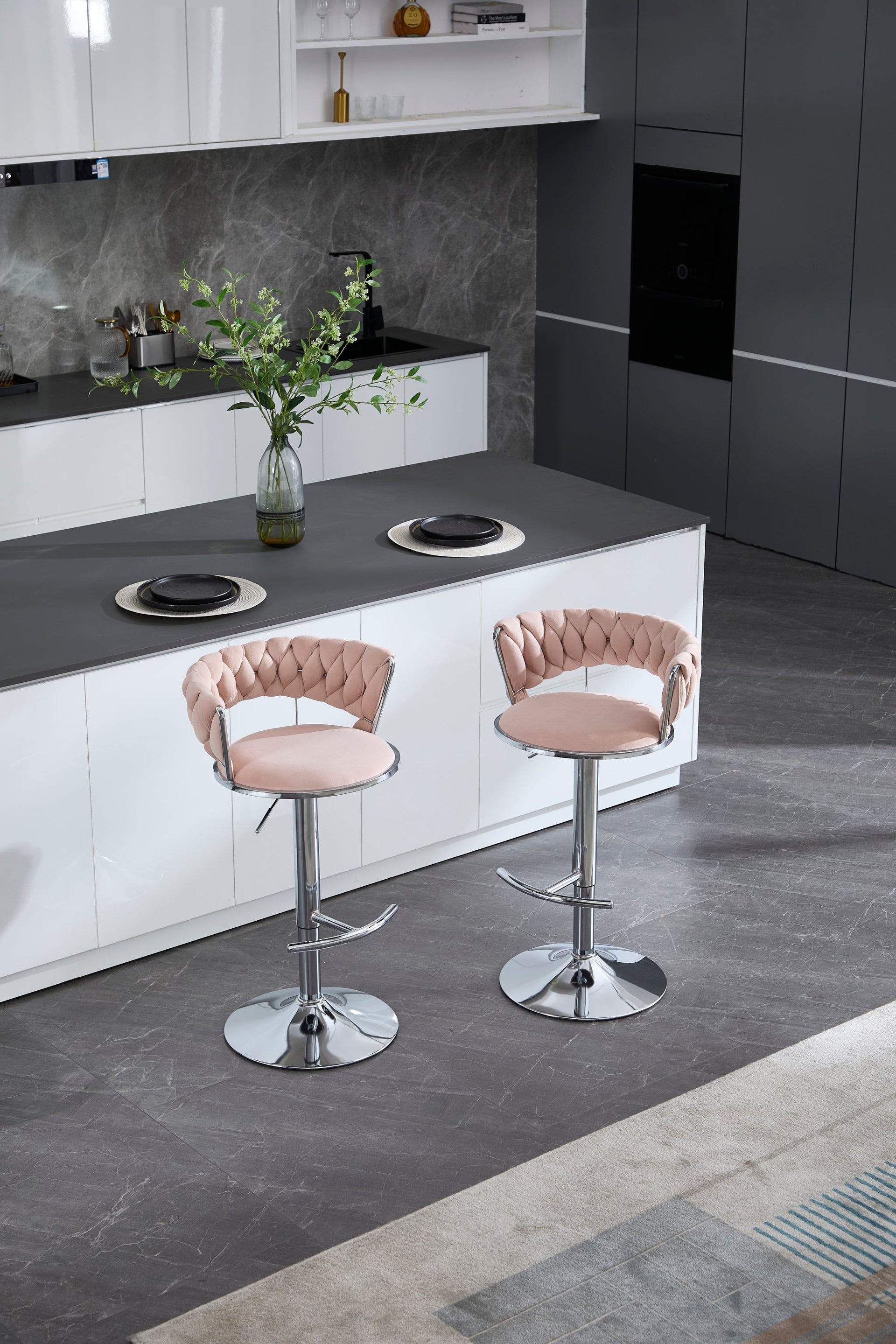 Set of 2 Bar Stools with Chrome Footrest & Base Swivel Height Adjustable Velvet