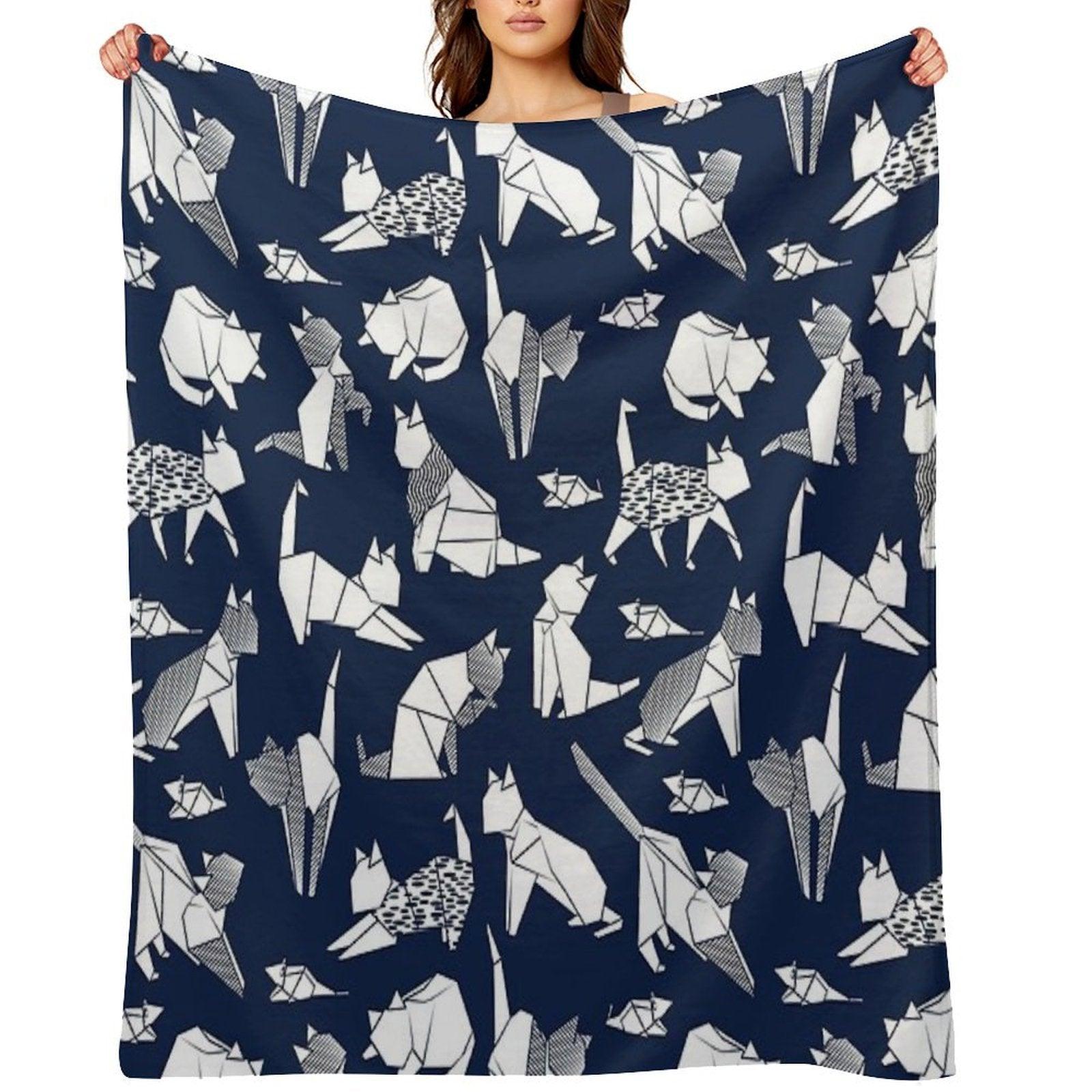 Origami Kitten Friends  Blue Navy Background Paper Cats Throw Blanket