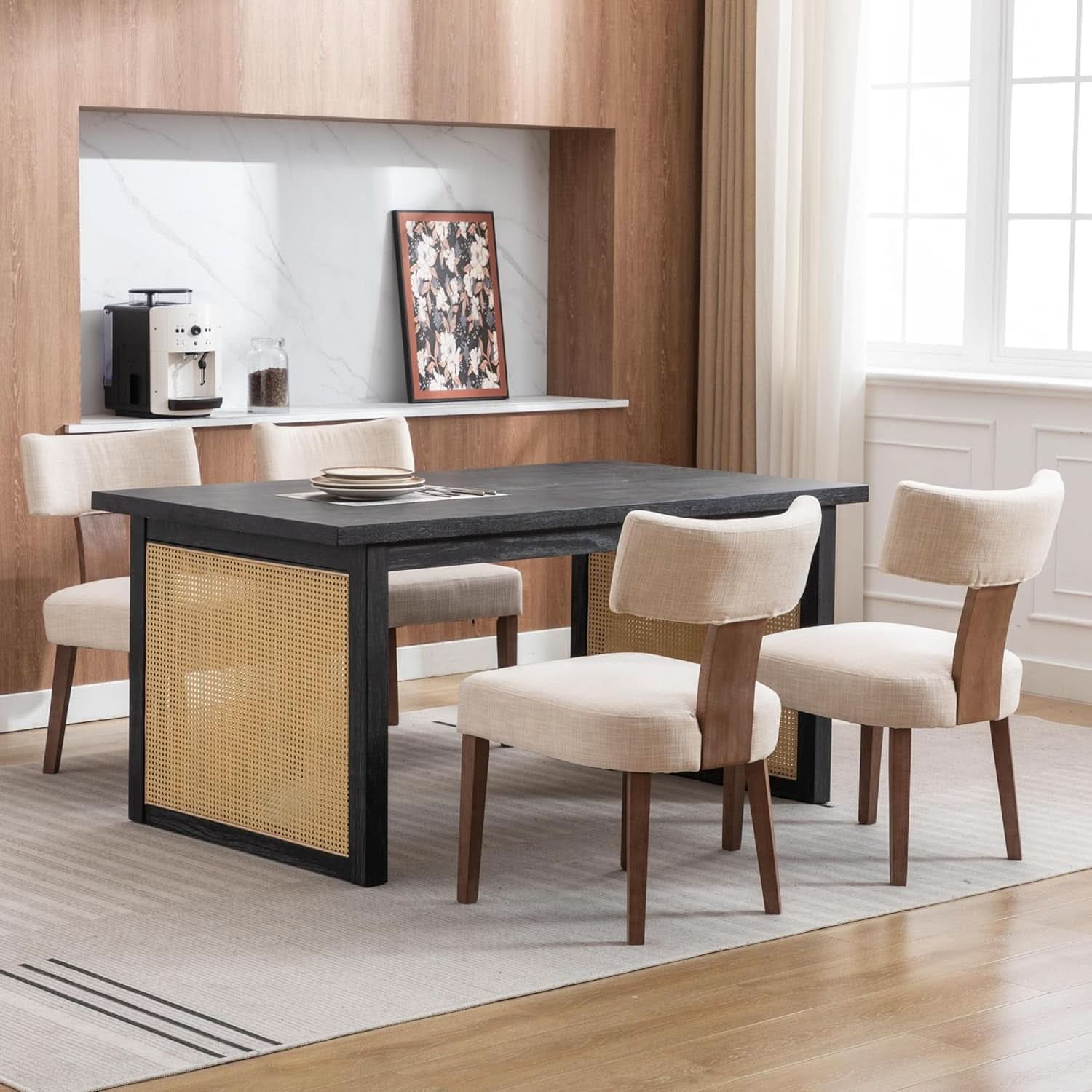 Beige Upholstered Linen Dining Armchairs Wood Legs