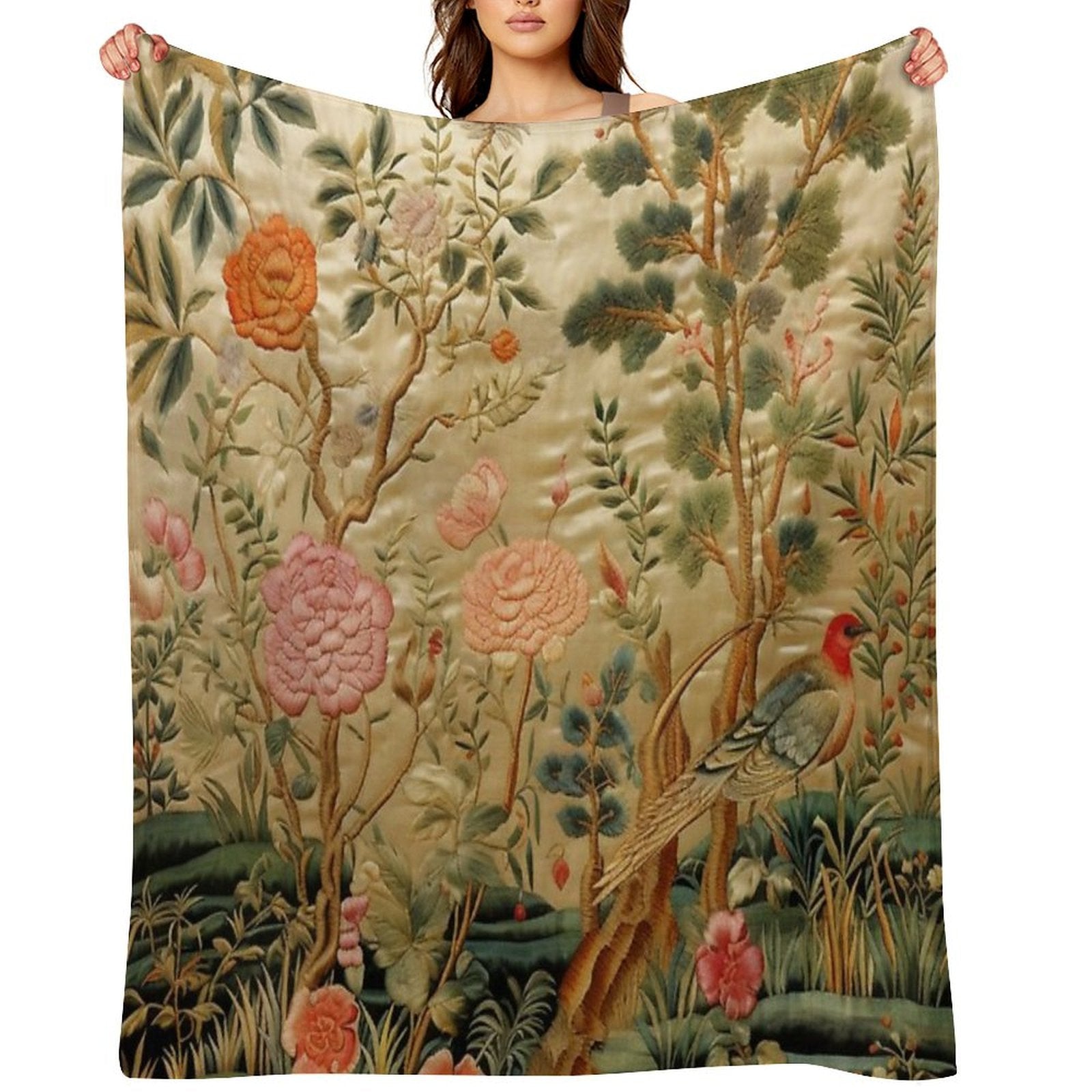 Silk Floral Birds Carpet Throw Blanket BionZax