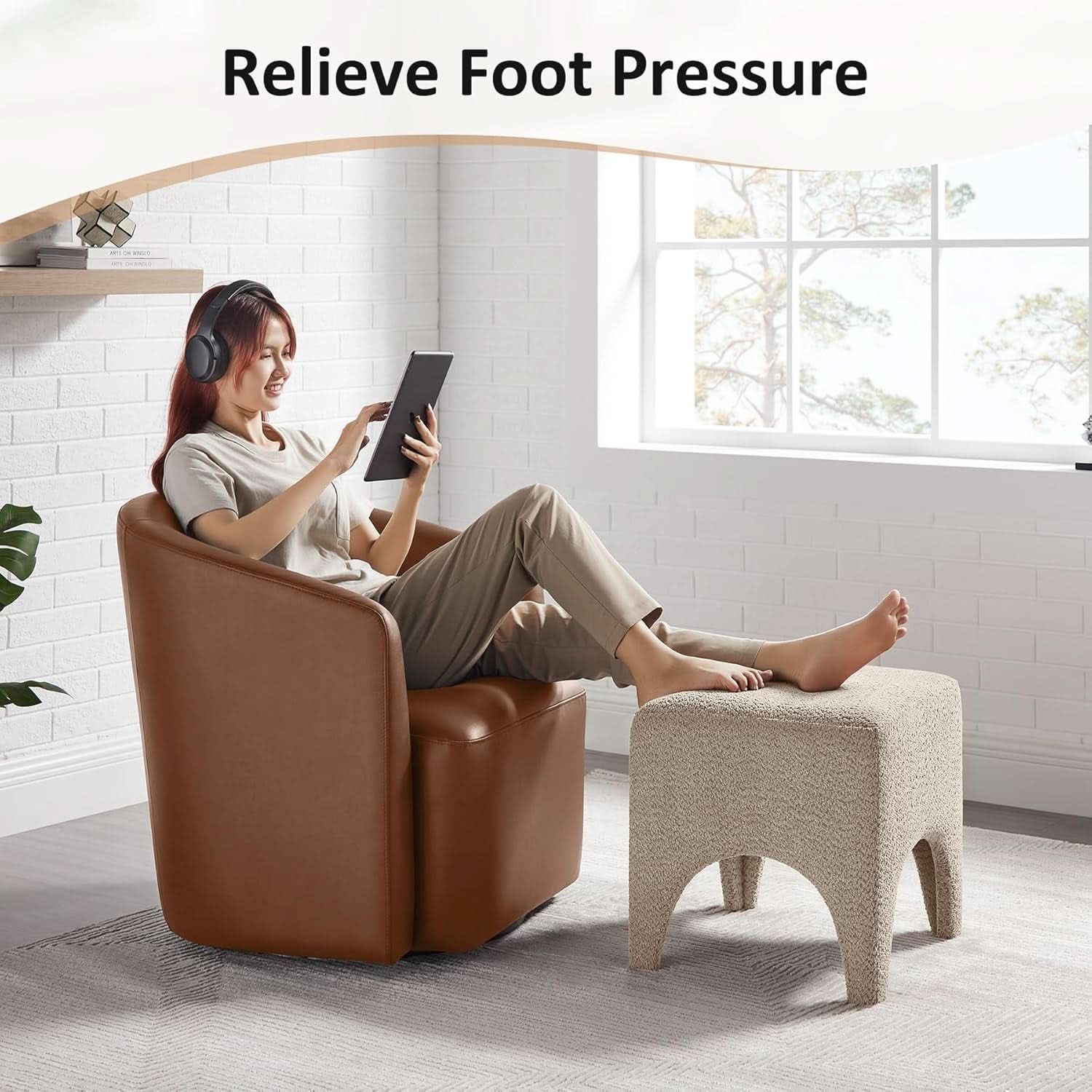 17-Inch Camel Boucle Upholstered Square Ottoman Footstool