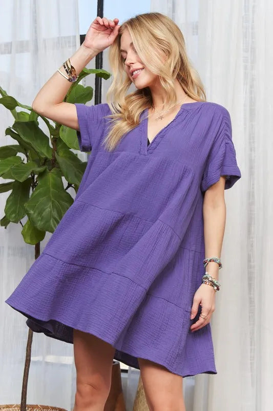 New Summer Tiered Notched Short Sleeve Dress For Women – Versatile, Elegant, Chic, Stylish, Comfortable & Fashionable