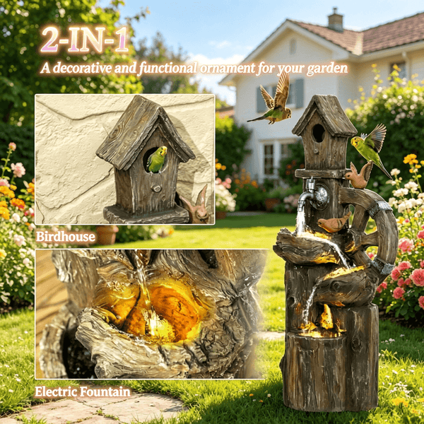 Resin Rustic Outdoor Fountain Birdhouse and Iron Tap