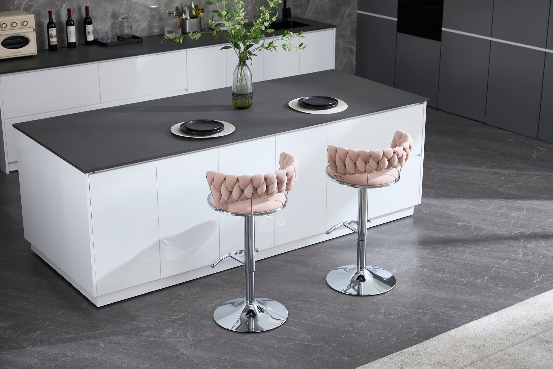 Set of 2 Bar Stools with Chrome Footrest & Base Swivel Height Adjustable Velvet