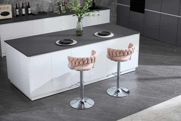 Set of 2 Bar Stools with Chrome Footrest & Base Swivel Height Adjustable Velvet