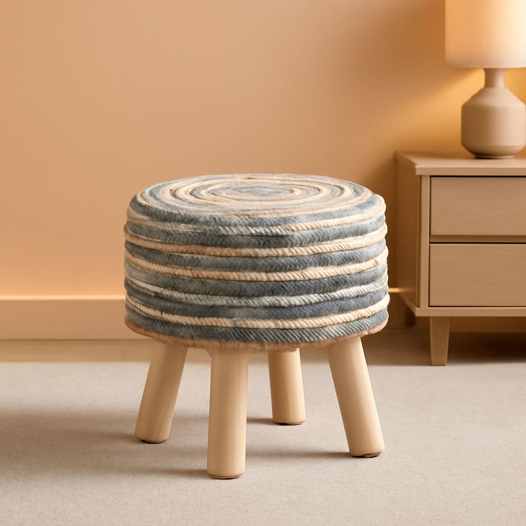 Round Seagrass Ottoman Footstool Handwoven Natural Blue